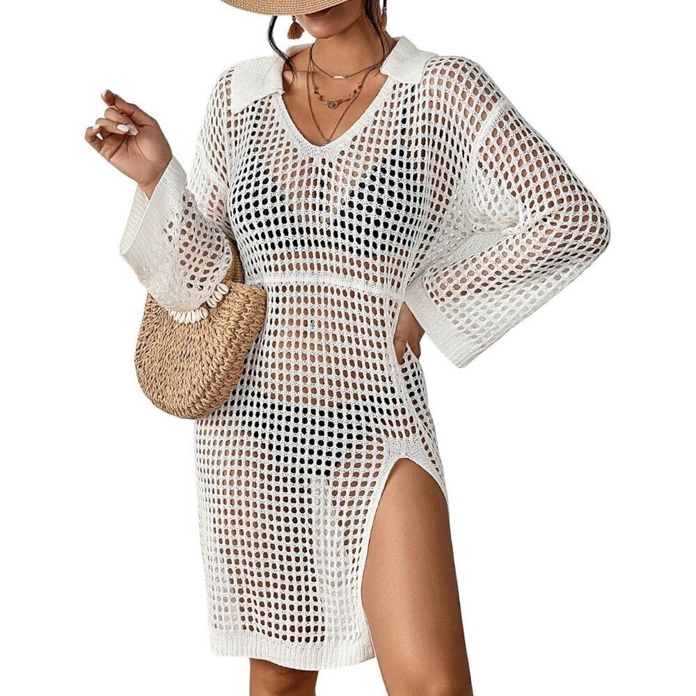 🆕Women White Polyester Crochet Cover Up Long Sleeve Beach Summer Dress Top